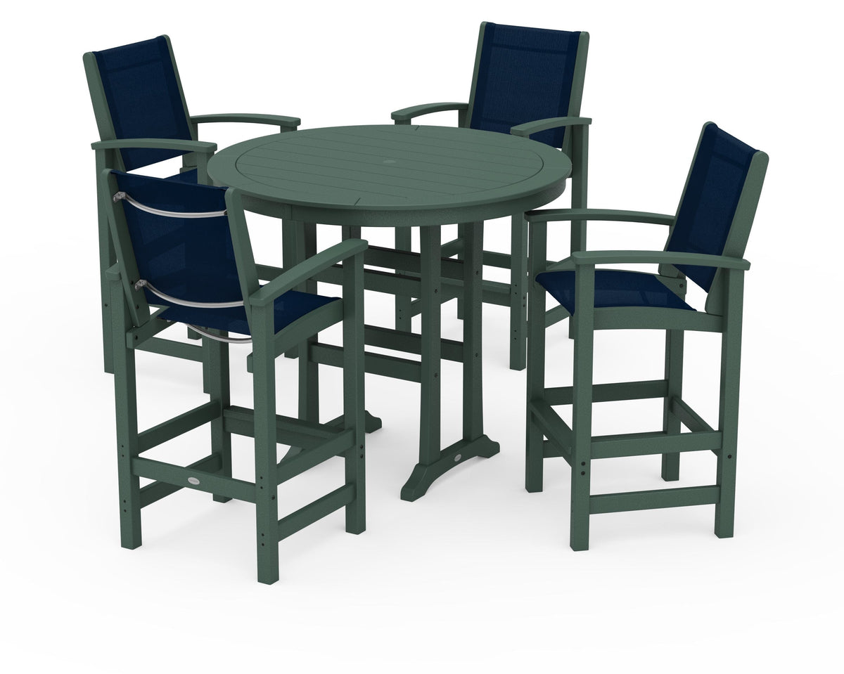 POLYWOOD Coastal 5-Piece Nautical Trestle Bar Set in Green / Navy Blue