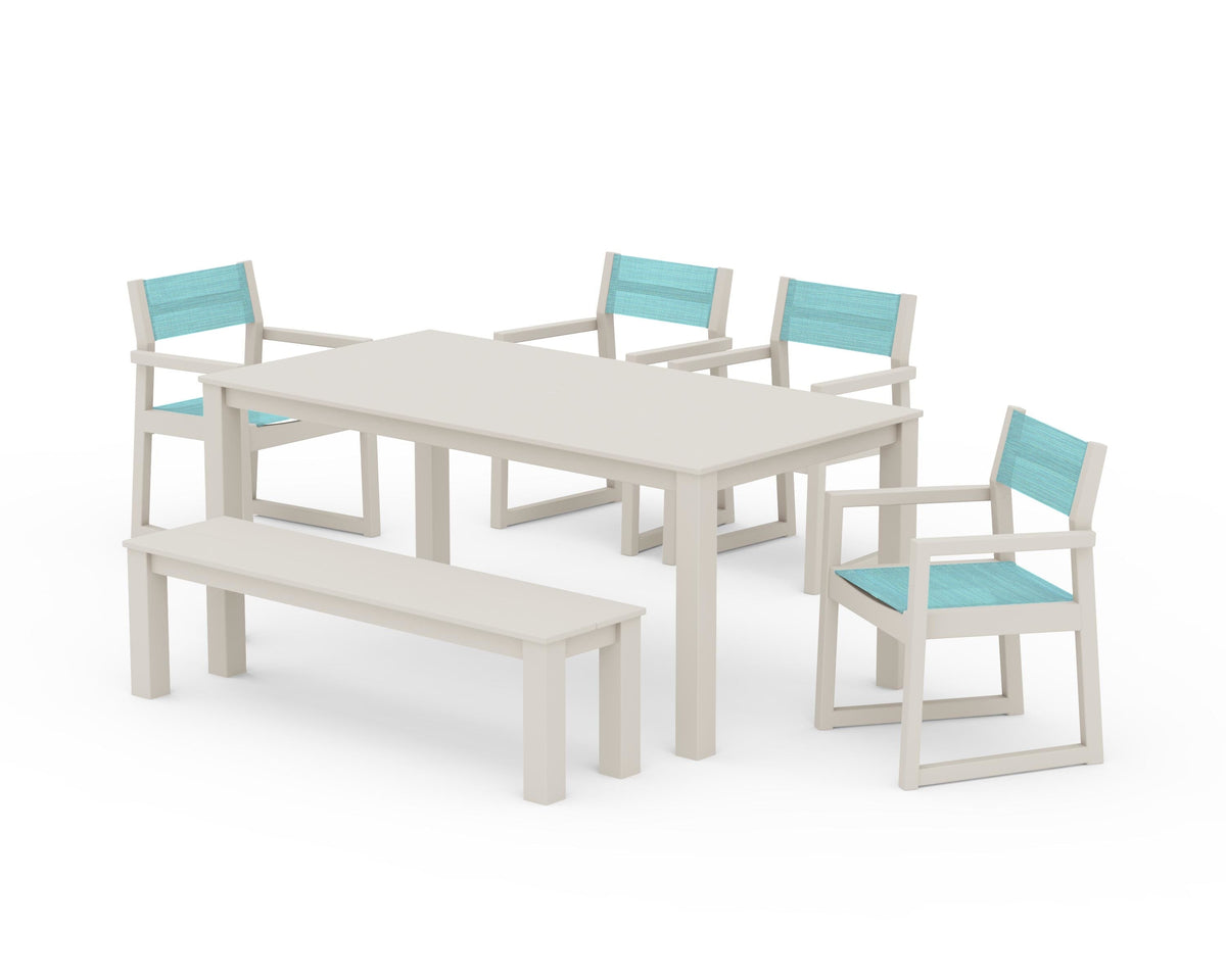 POLYWOOD EDGE Sling Arm Chair 6-Piece Parsons Dining Set with Bench in Sand / Dupioni Aquamarine