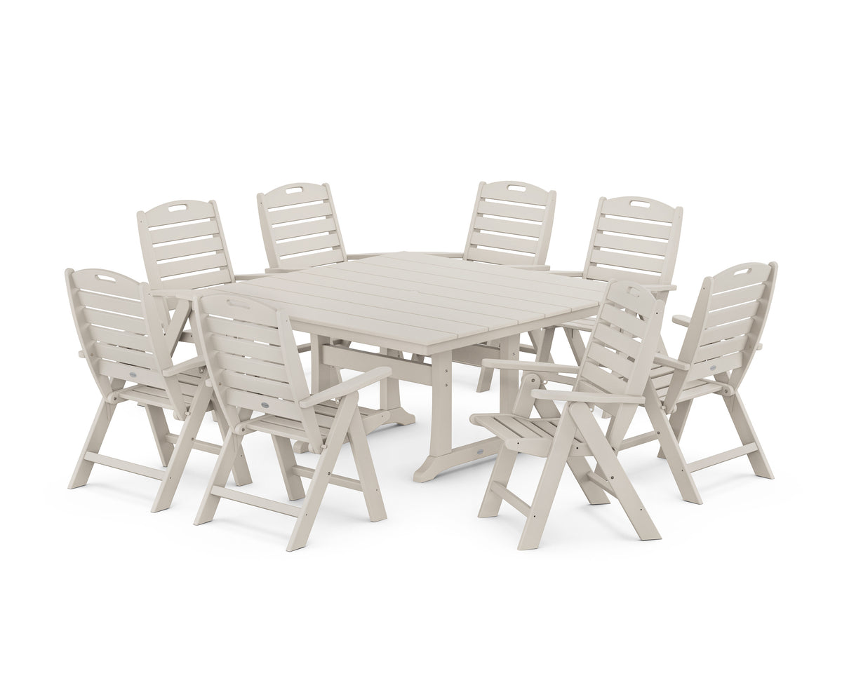 POLYWOOD Nautical Highback 9-Piece Square Farmhouse Dining Set with Trestle Legs in Sand