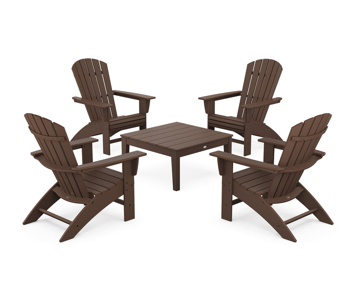 POLYWOOD 5-Piece Nautical Curveback Adirondack Chair Conversation Set with 36" Conversation Table in Mahogany