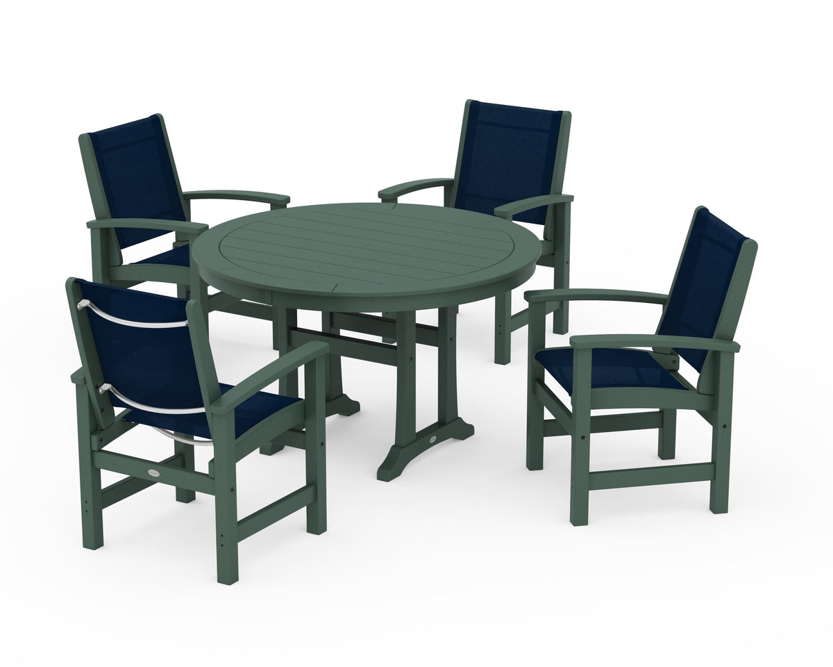 POLYWOOD Coastal 5-Piece Round Dining Set with Trestle Legs in Green / Navy Blue