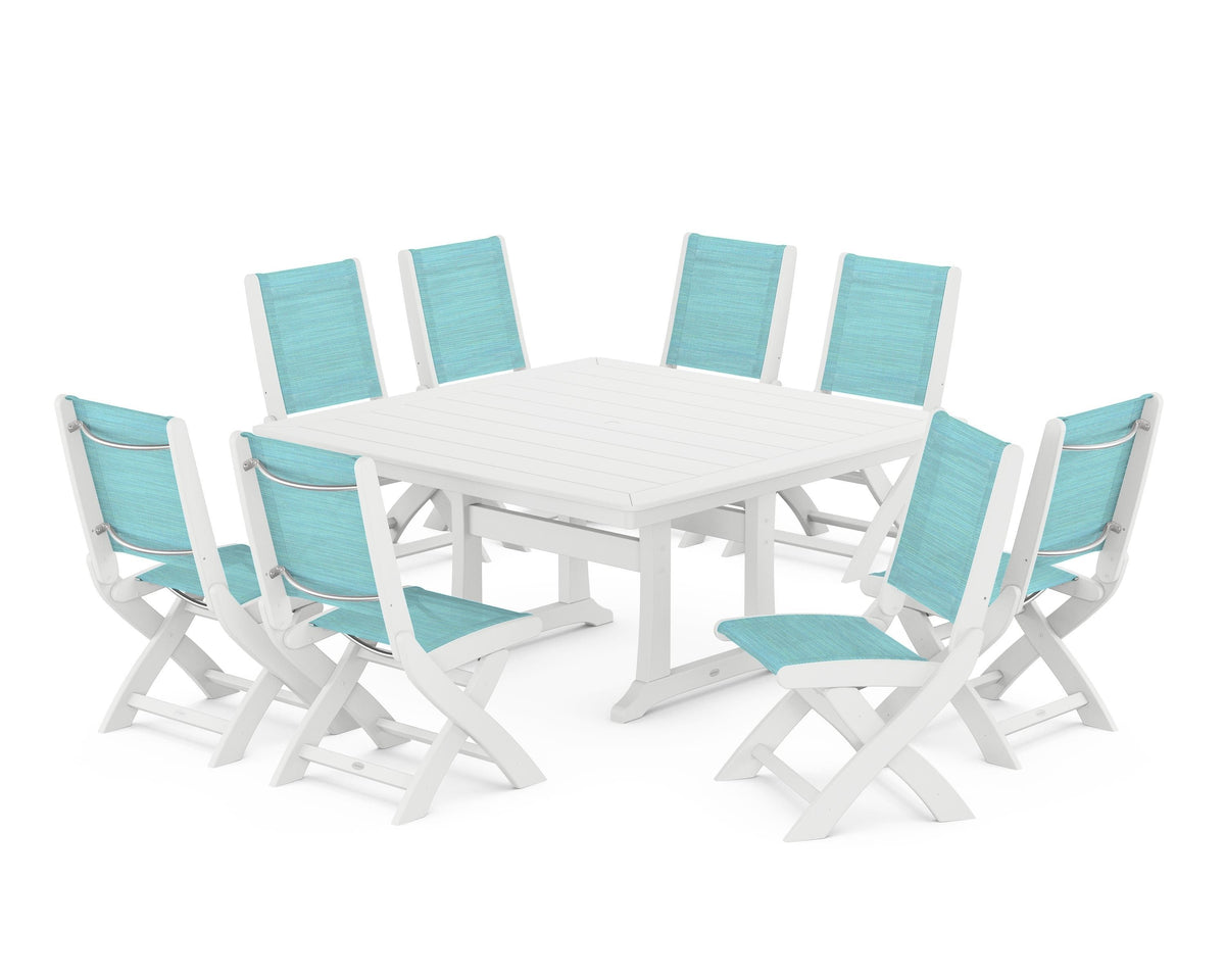 POLYWOOD Coastal Folding Side Chair 9-Piece Dining Set with Trestle Legs in White / Dupioni Aquamarine