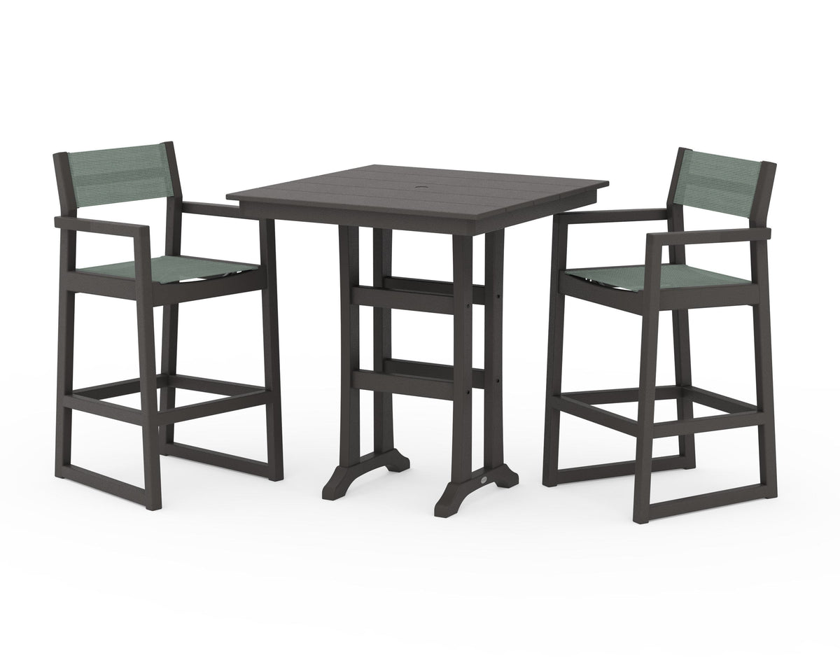 POLYWOOD EDGE Sling Arm Chair 3-Piece Farmhouse Bar Set with Trestle Legs in Vintage Coffee / Dupioni Sea Mist