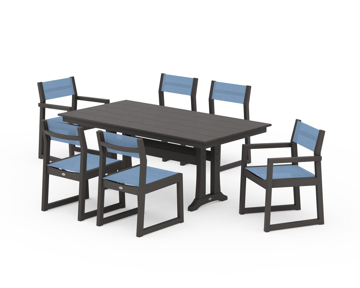 POLYWOOD EDGE Sling 7-Piece Farmhouse Trestle Dining Set in Vintage Coffee / Poolside