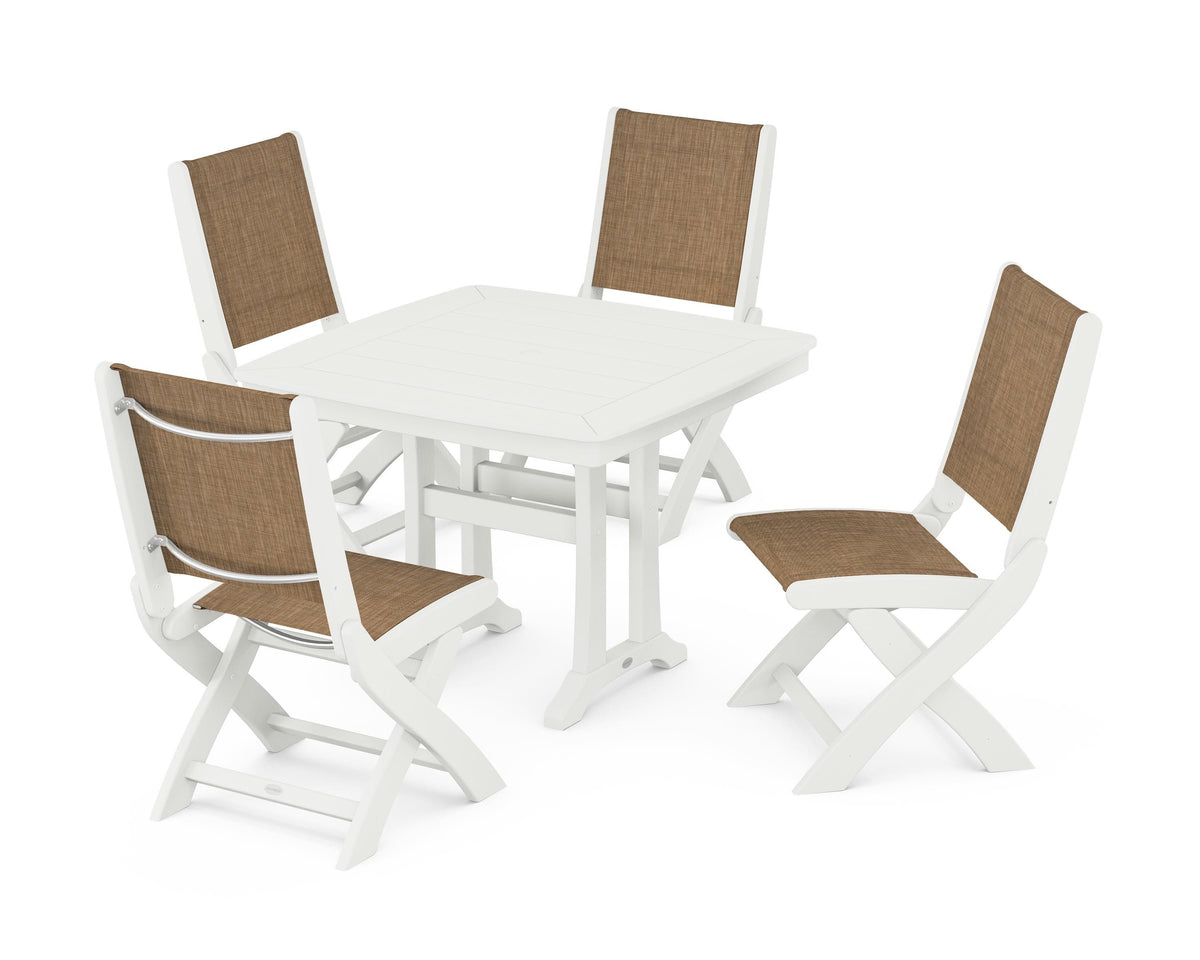 POLYWOOD Coastal Folding Side Chair 5-Piece Dining Set with Trestle Legs in Vintage White / Burlap