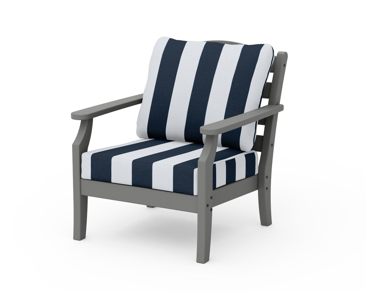 POLYWOOD Savannah Deep Seating Chair in Slate Grey / Cabana Stripe Marine Indigo