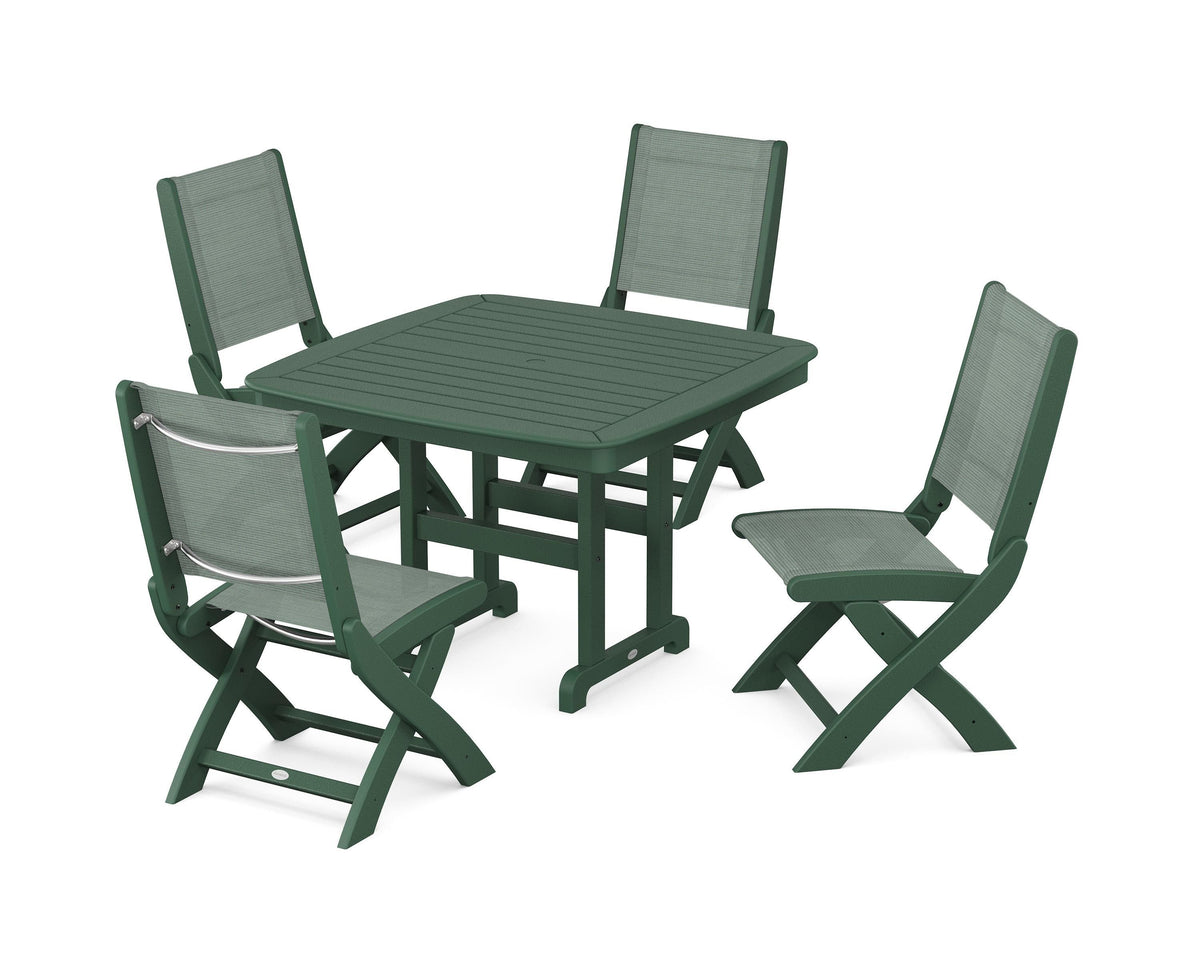 POLYWOOD Coastal Folding Side Chair 5-Piece Dining Set with Nautical 44" Dining Table in Green / Dupioni Sea Mist