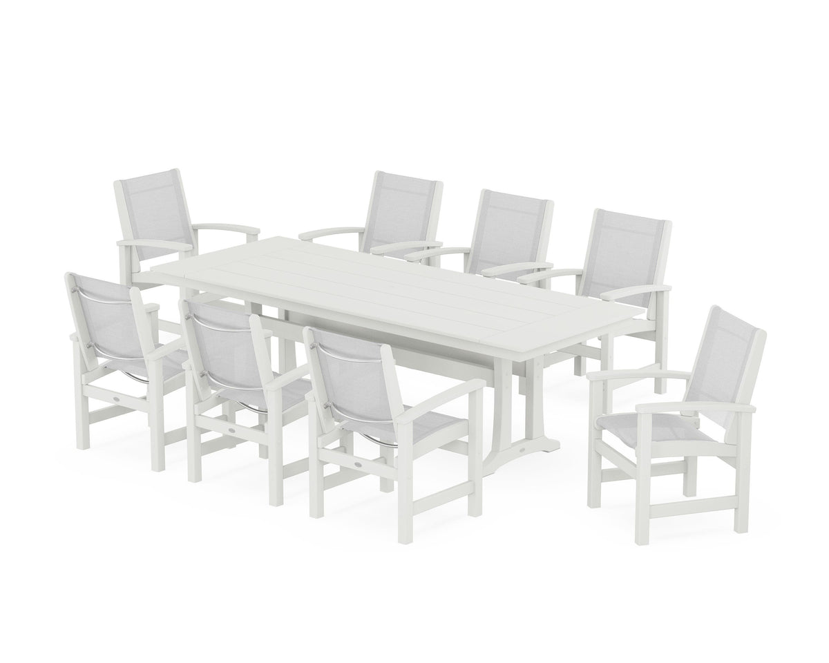 POLYWOOD Coastal 9-Piece Farmhouse Dining Set with Trestle Legs in Vintage White / White
