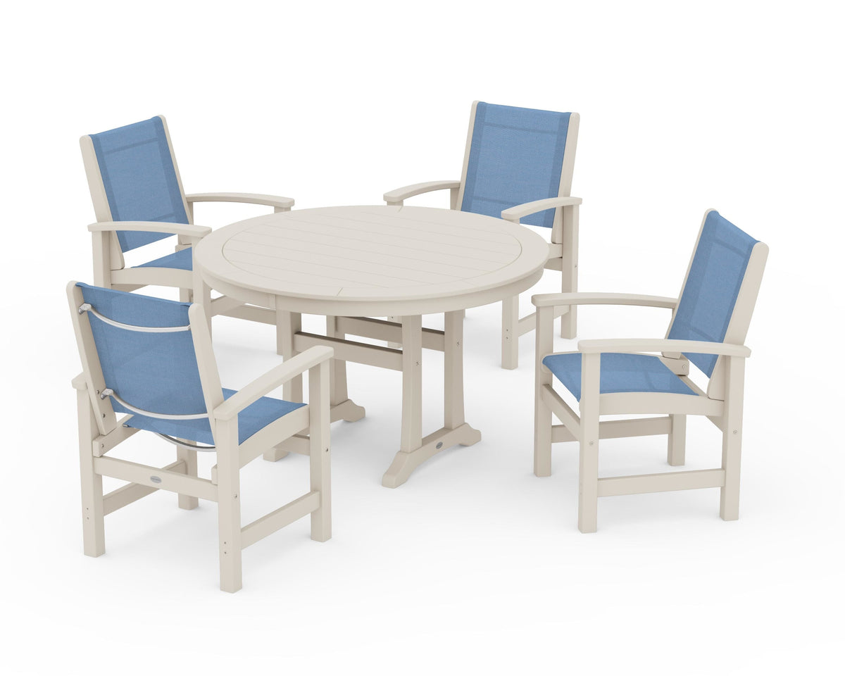 POLYWOOD Coastal 5-Piece Round Dining Set with Trestle Legs in Sand / Poolside