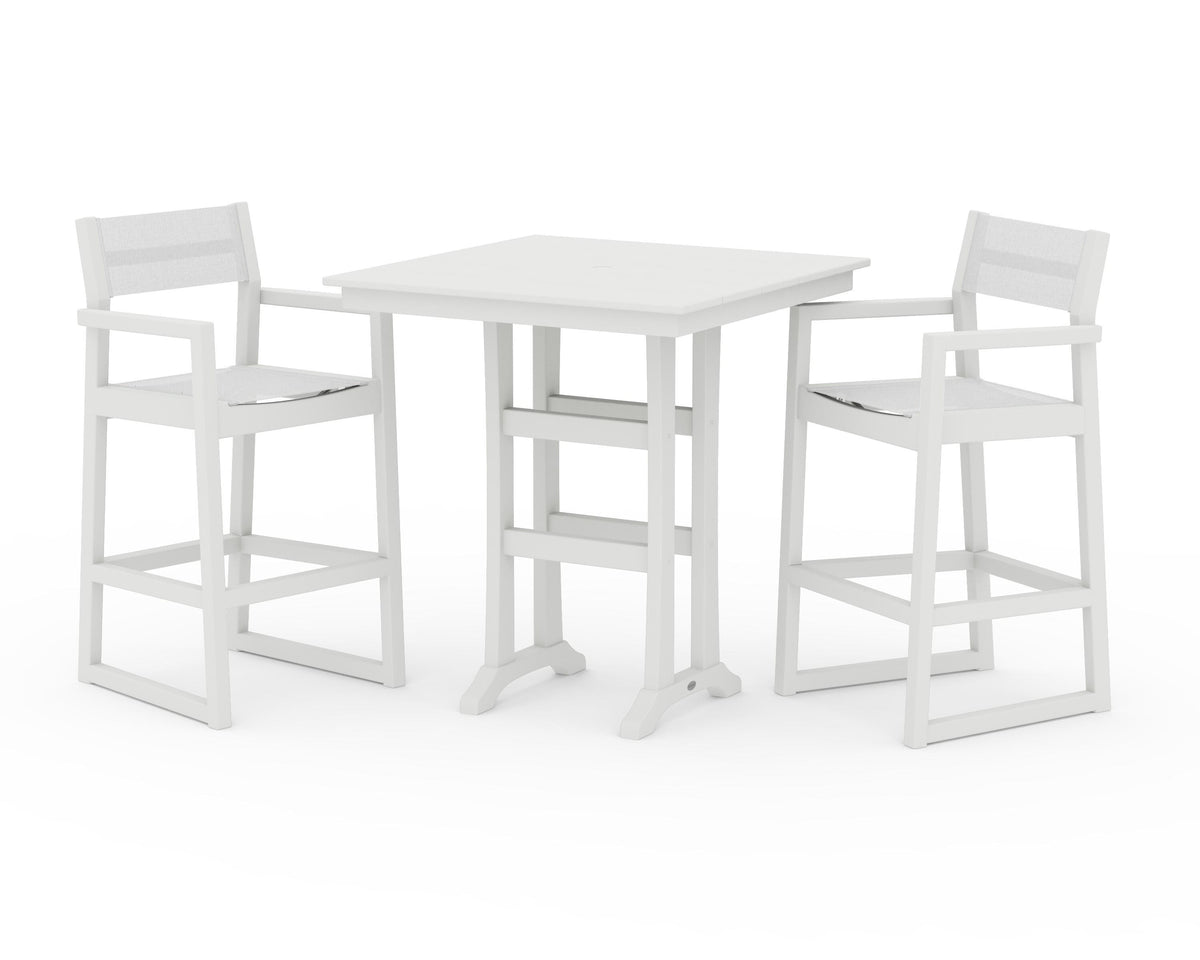 POLYWOOD EDGE Sling Arm Chair 3-Piece Farmhouse Bar Set with Trestle Legs in Vintage White / White