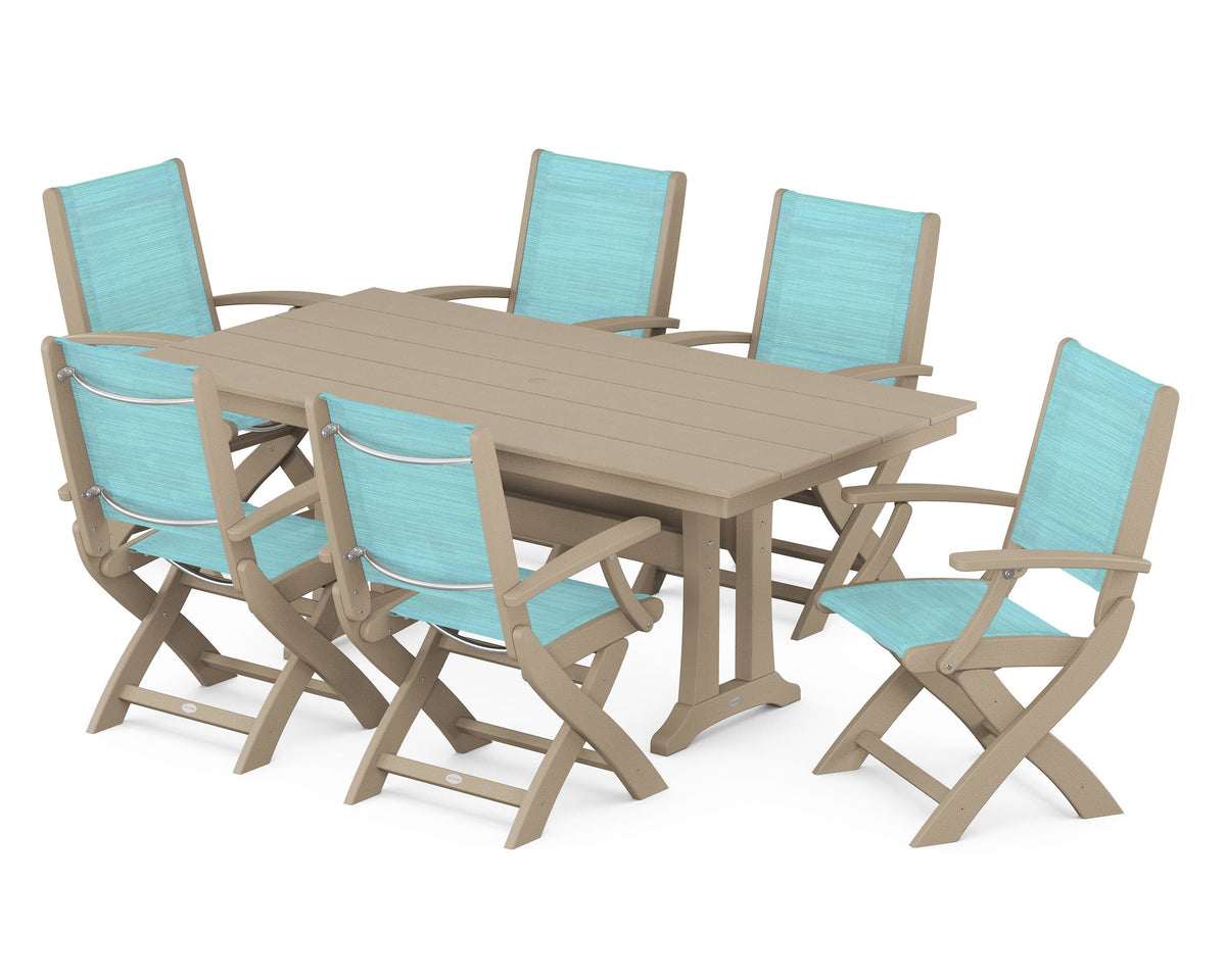 POLYWOOD Coastal Folding Arm Chair 7-Piece Farmhouse Dining Set with Trestle Legs in Vintage Sahara / Dupioni Aquamarine