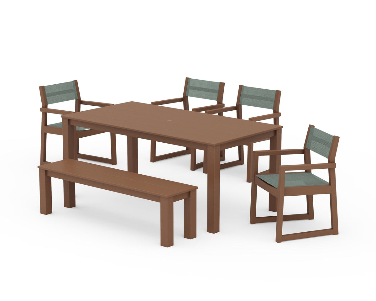 POLYWOOD EDGE Sling Arm Chair 6-Piece Parsons Dining Set with Bench in Teak / Dupioni Sea Mist