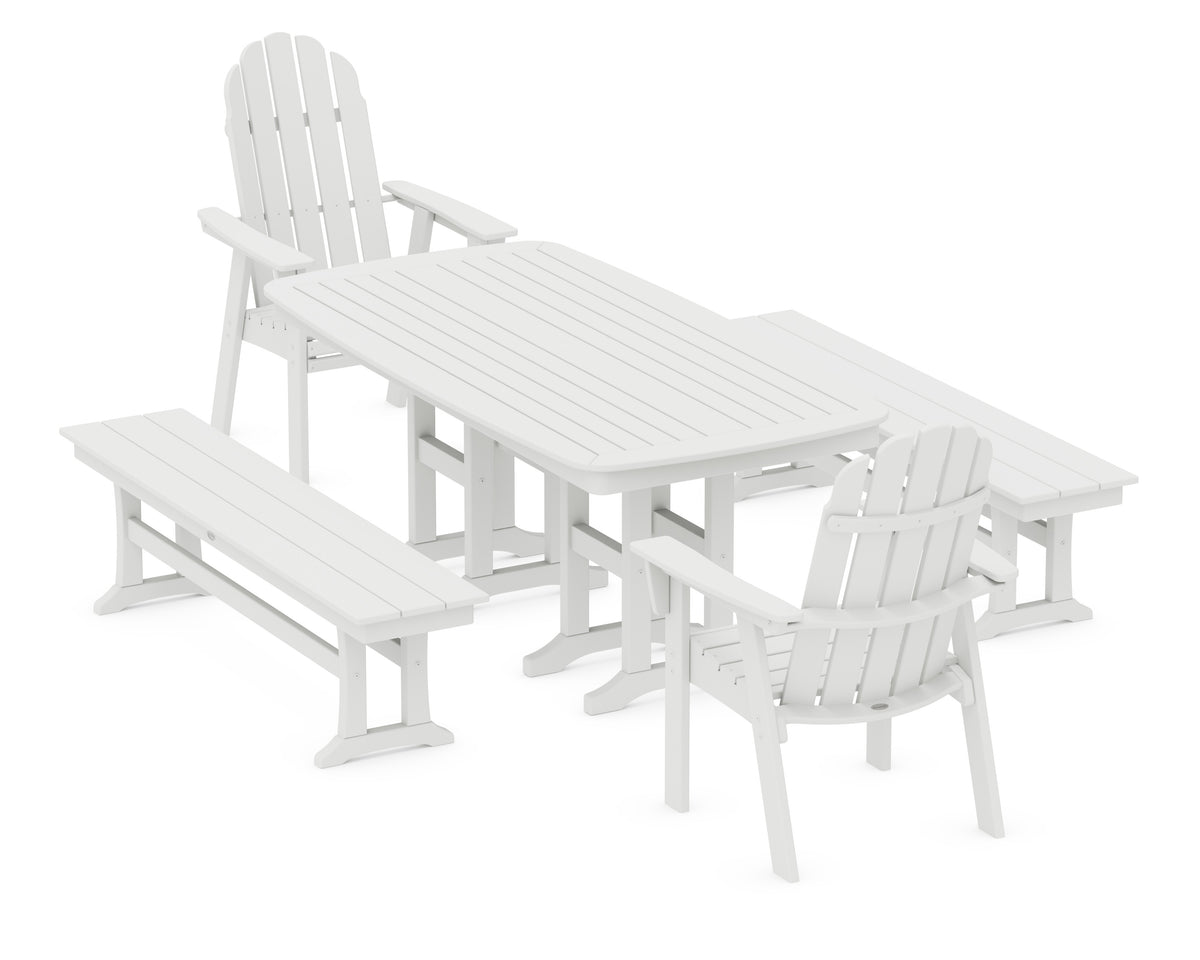 POLYWOOD Vineyard Adirondack 5-Piece Dining Set with Benches - 37" x 72" Table in White