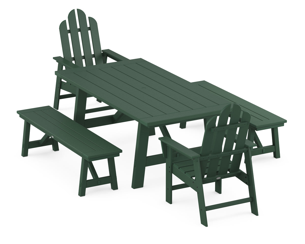 POLYWOOD Long Island 5-Piece Rustic Farmhouse Dining Set with Benches in Green