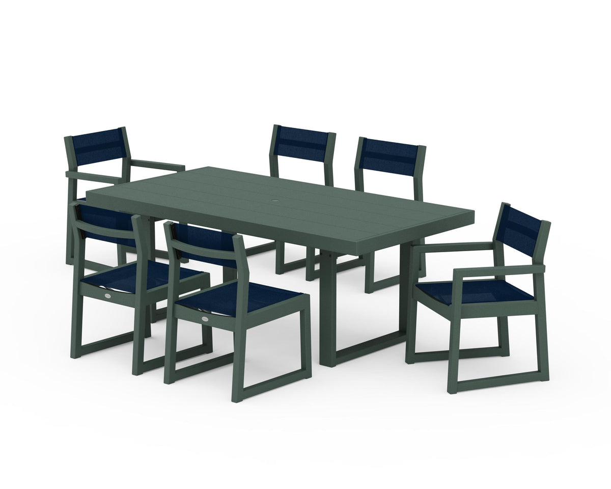 POLYWOOD EDGE Sling 7-Piece Dining Set in Green / Navy Blue