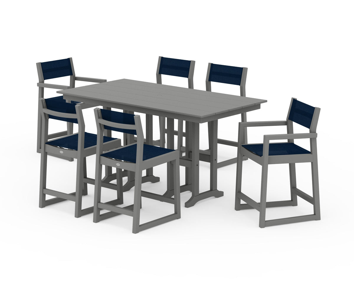 POLYWOOD EDGE Sling 7-Piece Farmhouse Counter Set with Trestle Legs in Slate Grey / Navy Blue