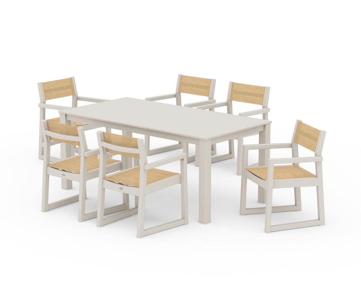 POLYWOOD EDGE Sling Arm Chair 7-Piece Parsons Dining Set in Sand / Dupioni Apricot