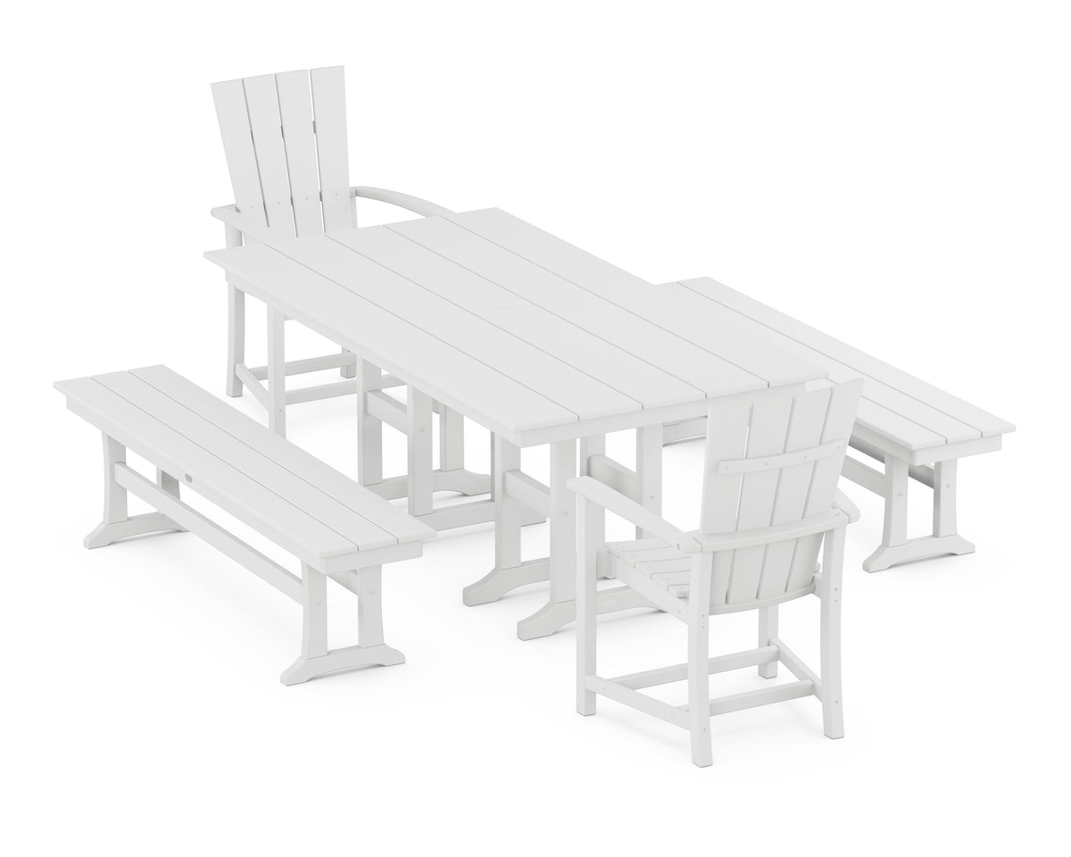 POLYWOOD Quattro 5-Piece Farmhouse Dining Set with Benches - 37" x 72" Table in White