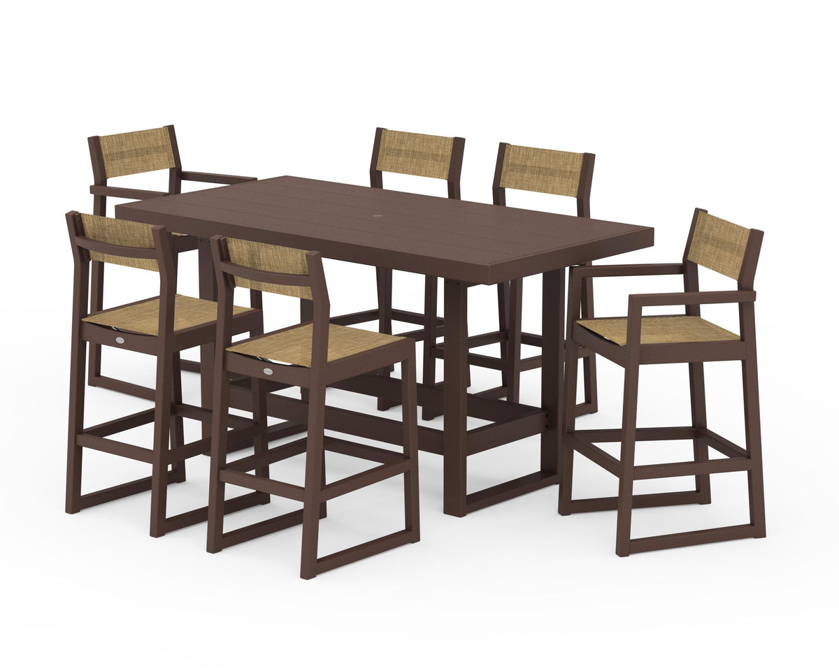 POLYWOOD EDGE Sling 7-Piece Bar Table Set in Mahogany / Burlap
