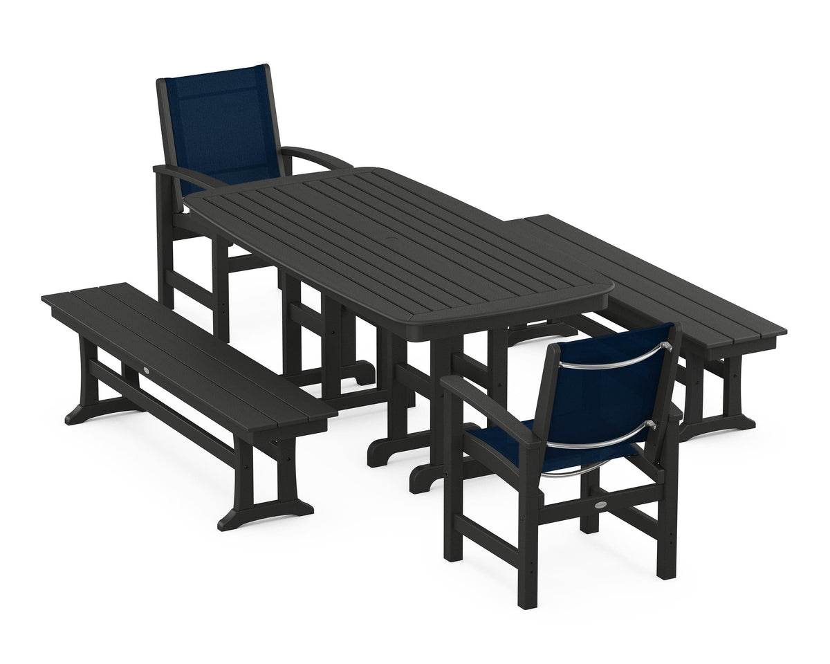 POLYWOOD Coastal 5-Piece Dining Set with Nautical 37" x 72" Dining Table in Black / Navy Blue