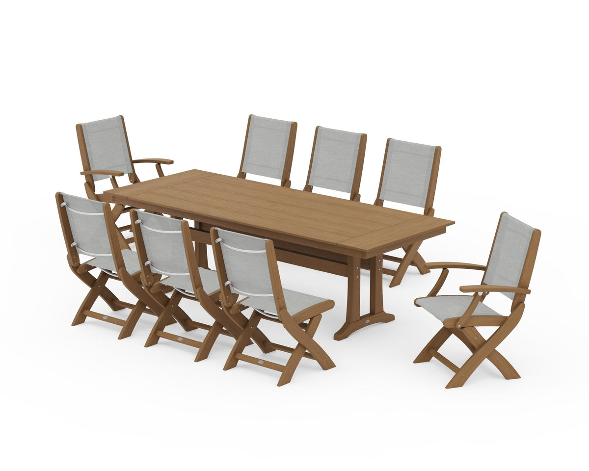 POLYWOOD Coastal 9-Piece Folding Dining Chair Farmhouse Dining Set with Trestle Legs in Natural / Metallic