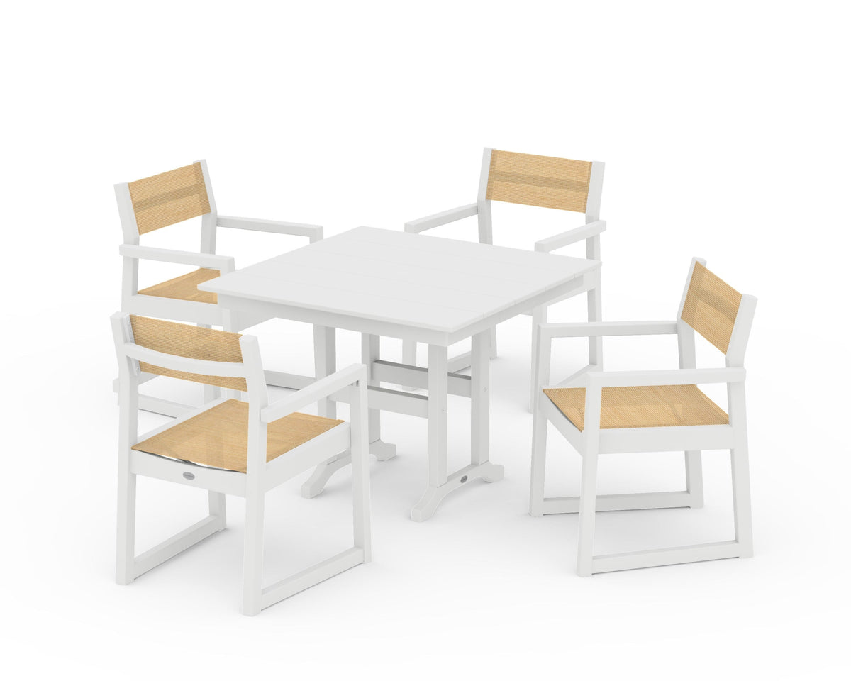POLYWOOD EDGE Sling Arm Chair 5-Piece Farmhouse Dining Set in White / Dupioni Apricot