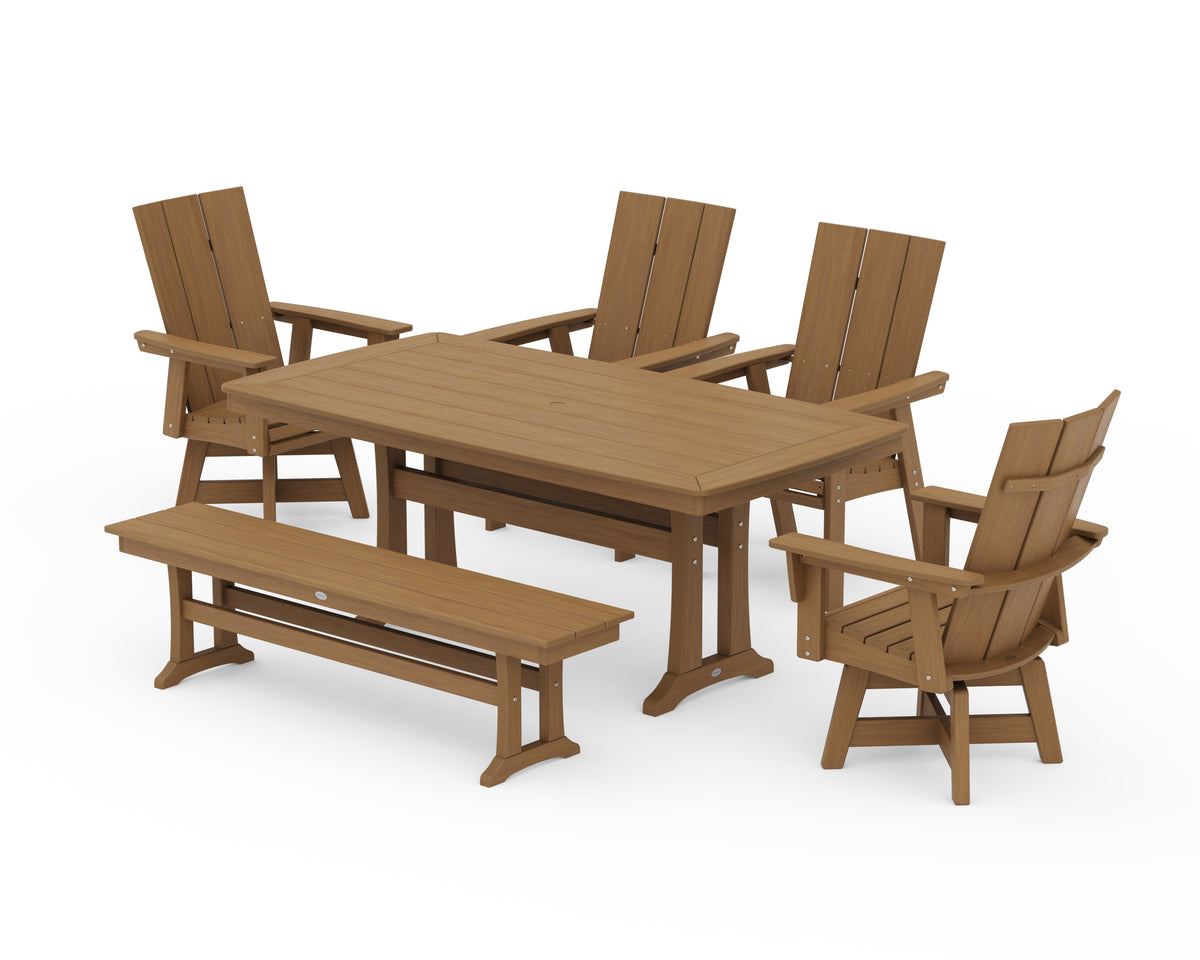POLYWOOD Modern Curveback Adirondack Swivel Chair 6-Piece Dining Set with Trestle Legs and Bench in Natural