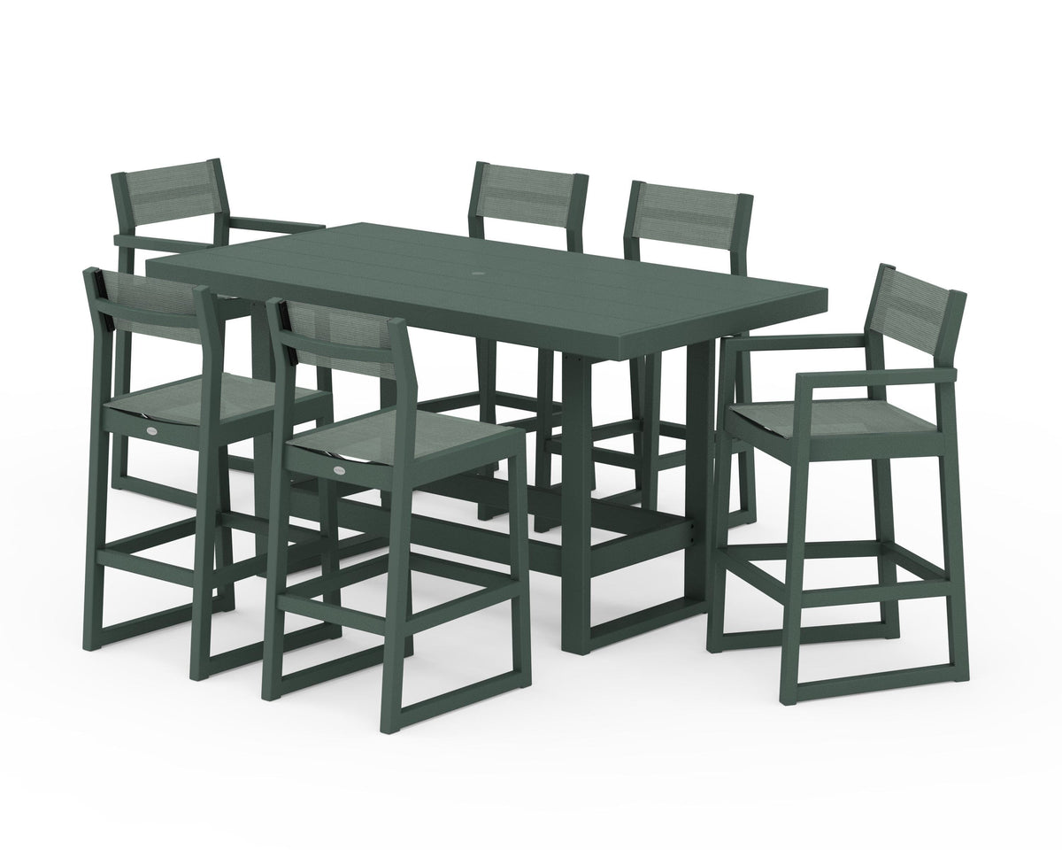 POLYWOOD EDGE Sling 7-Piece Bar Table Set in Green / Dupioni Sea Mist