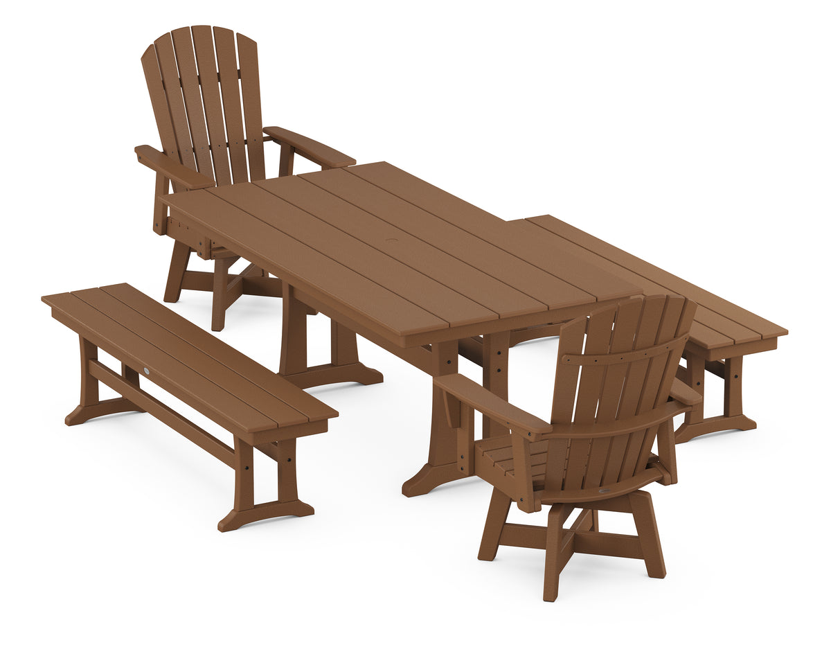 POLYWOOD Nautical Curveback Adirondack Swivel Chair 5-Piece Farmhouse Dining Set with Trestle Legs and Benches in Teak