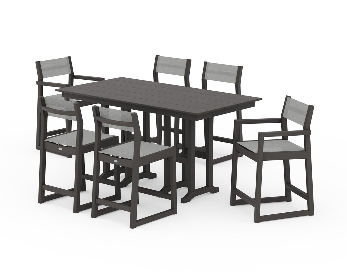 POLYWOOD EDGE Sling 7-Piece Farmhouse Counter Set with Trestle Legs in Vintage Coffee / Metallic