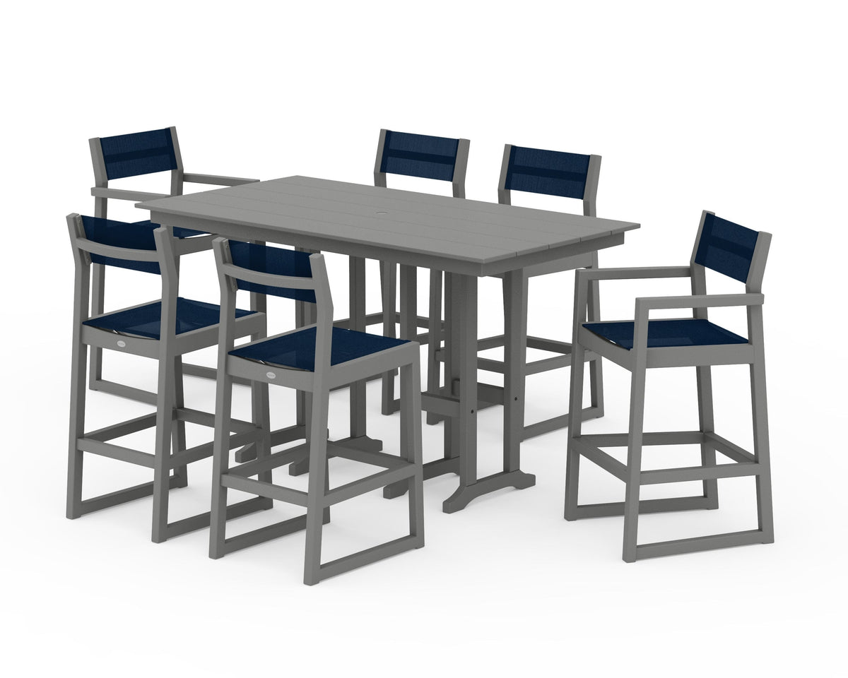 POLYWOOD EDGE Sling 7-Piece Farmhouse Bar Set in Slate Grey / Navy Blue