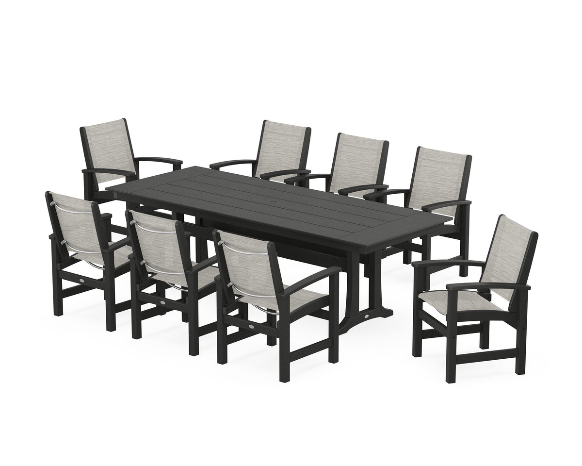 POLYWOOD Coastal 9-Piece Farmhouse Dining Set with Trestle Legs in Black / Birch