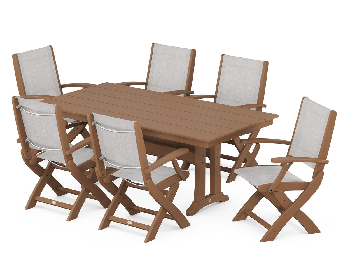POLYWOOD Coastal Folding Arm Chair 7-Piece Farmhouse Dining Set with Trestle Legs in Teak / Parchment