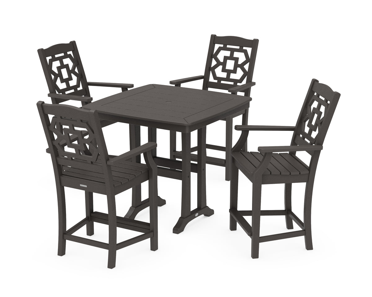 POLYWOOD Chinoiserie 5-Piece Counter Set with Trestle Legs in Vintage Coffee