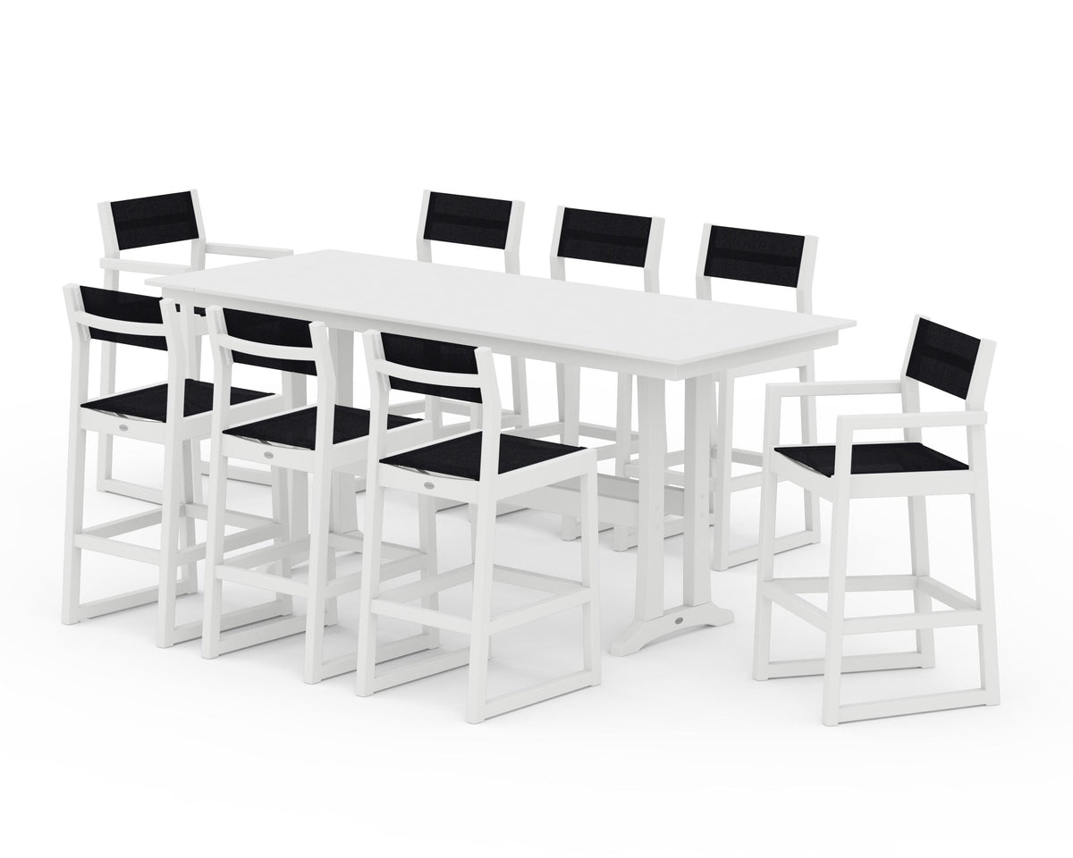 POLYWOOD EDGE Sling 9-Piece Farmhouse Bar Set with Trestle Legs in White / Black