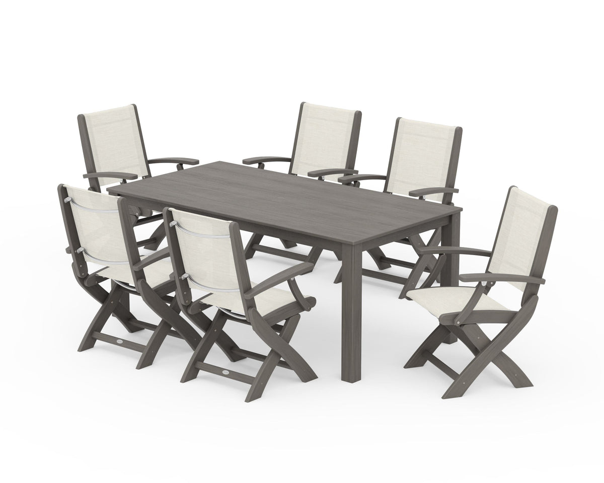 POLYWOOD Coastal Folding Chair 7-Piece Parsons Dining Set in Driftwood / Parchment