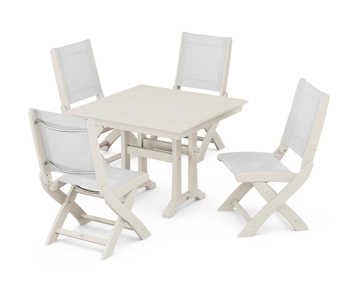 POLYWOOD Coastal Folding Side Chair 5-Piece Farmhouse Dining Set With Trestle Legs in Sand / White