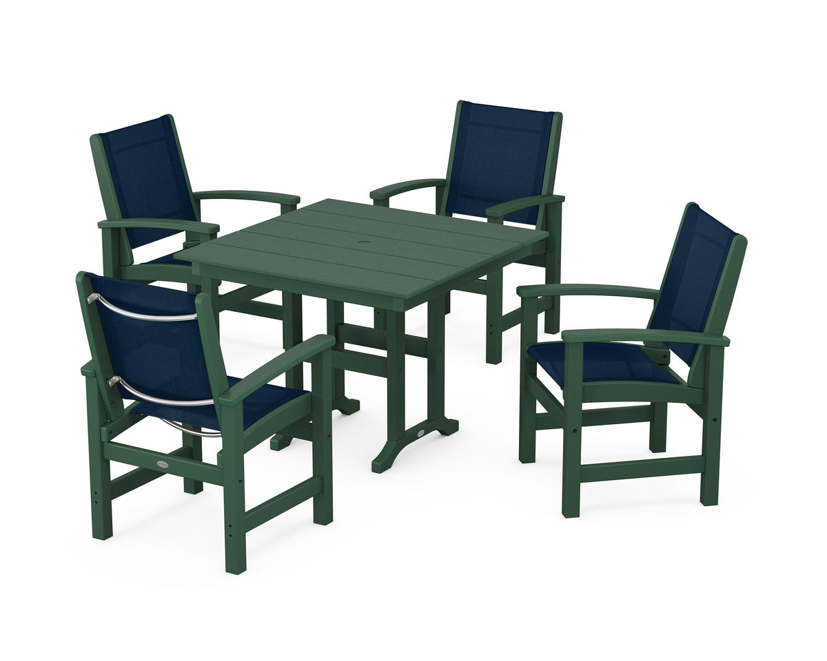 POLYWOOD Coastal 5-Piece Farmhouse Dining Set with Farmhouse 37" Dining Table in Green / Navy Blue