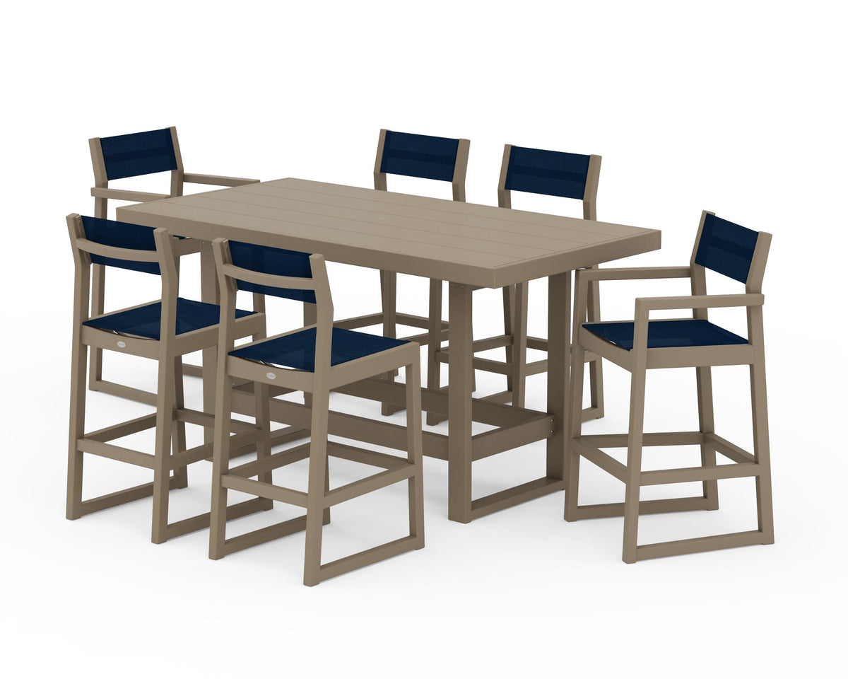 POLYWOOD EDGE Sling 7-Piece Bar Table Set in Vintage Sahara / Navy Blue