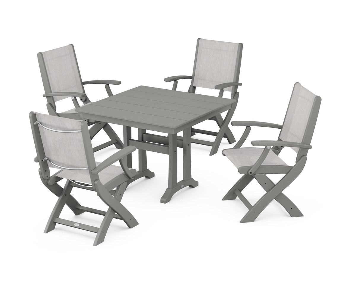 POLYWOOD Coastal Folding Chair 5-Piece Farmhouse Dining Set With Trestle Legs in Slate Grey / Parchment