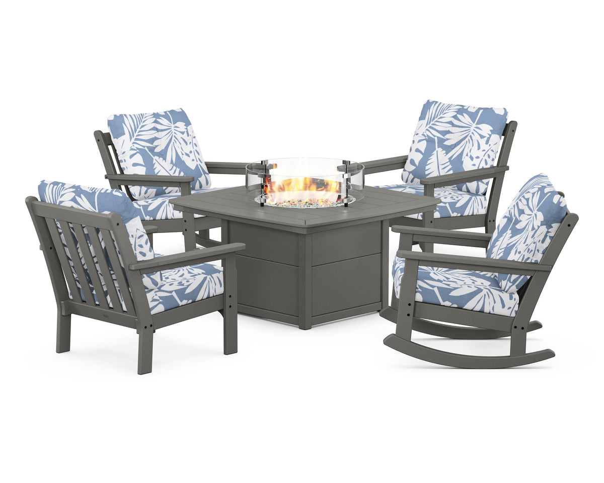 POLYWOOD Vineyard 5-Piece Deep Seating Rocking Chair Conversation Set with Fire Pit Table in Slate Grey / Leaf Sky Blue