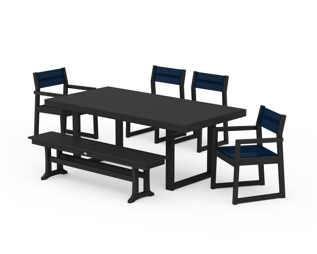 POLYWOOD EDGE Sling 6-Piece Dining Set with Bench in Black / Navy Blue