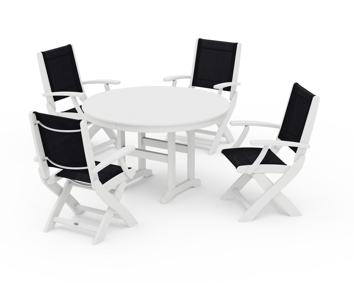 POLYWOOD Coastal Folding Chair 5-Piece Round Dining Set in White / Black