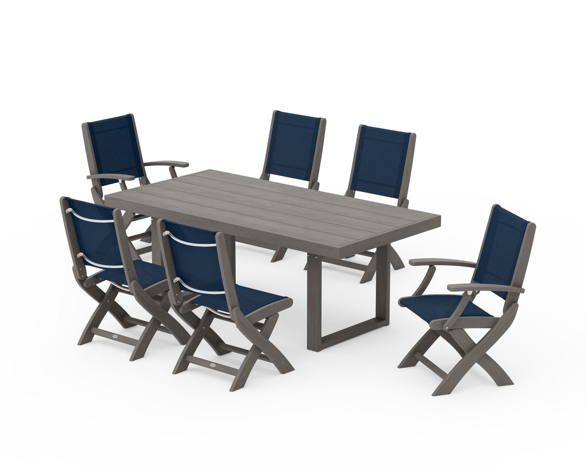 POLYWOOD Coastal Folding Chair 7-Piece Dining Set with Trestle Legs with EDGE 40" x 78" Dining Table in Driftwood / Navy Blue