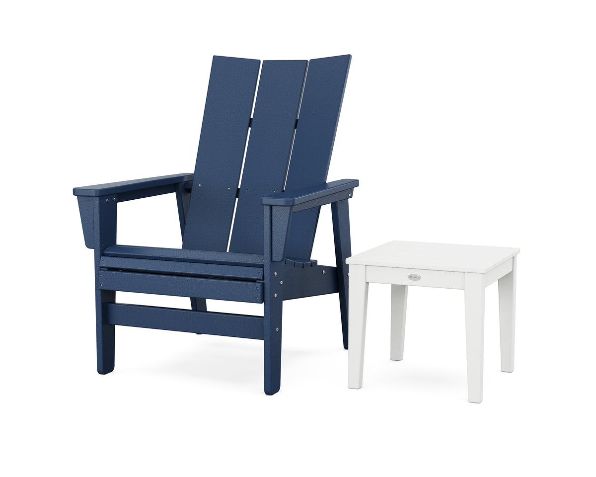 POLYWOOD Modern Grand Upright Adirondack Chair with Side Table in Navy / White