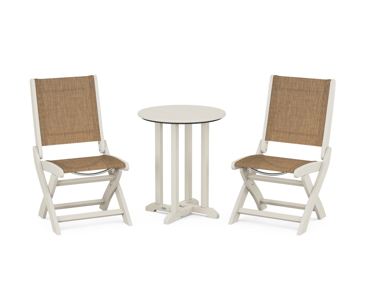 POLYWOOD Coastal Folding Side Chair 3-Piece Round Bistro Dining Set in Sand / Burlap