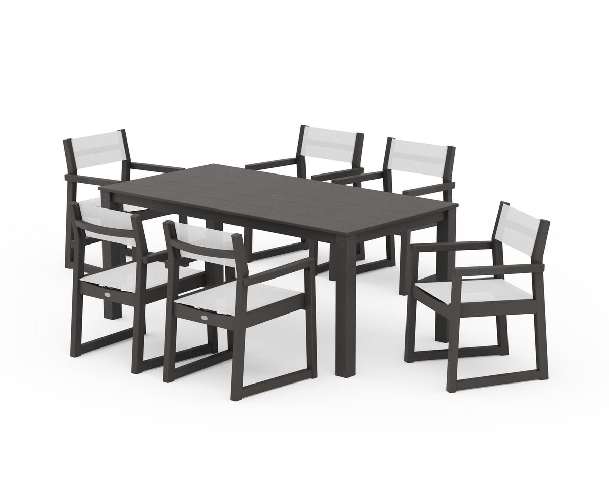 POLYWOOD EDGE Sling Arm Chair 7-Piece Parsons Dining Set in Vintage Coffee / White