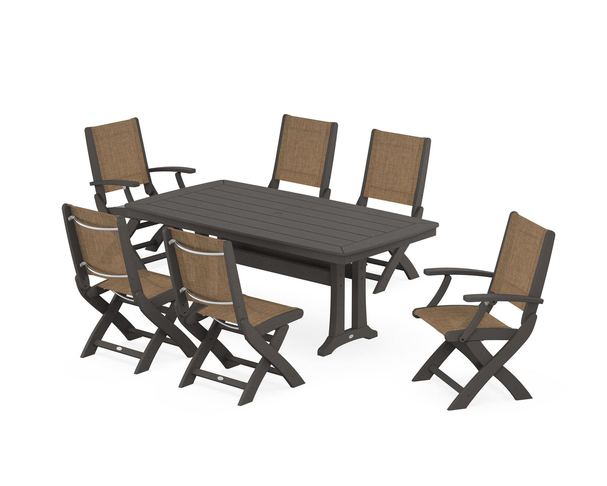 POLYWOOD Coastal Folding Chair 7-Piece Dining Set with Trestle Legs with Nautical Trestle 38" x 73" Dining Table in Vintage Coffee / Burlap