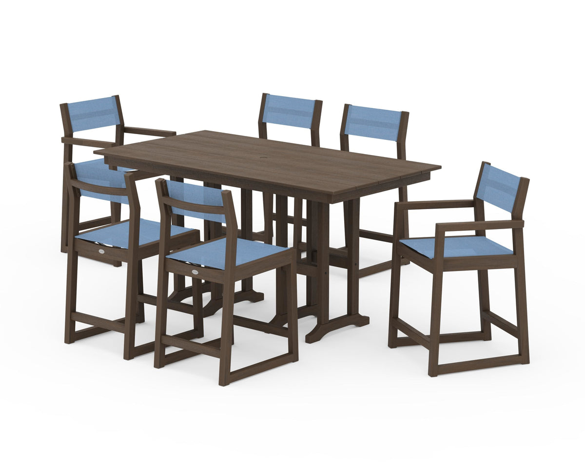 POLYWOOD EDGE Sling 7-Piece Farmhouse Counter Set with Trestle Legs in Kona / Poolside