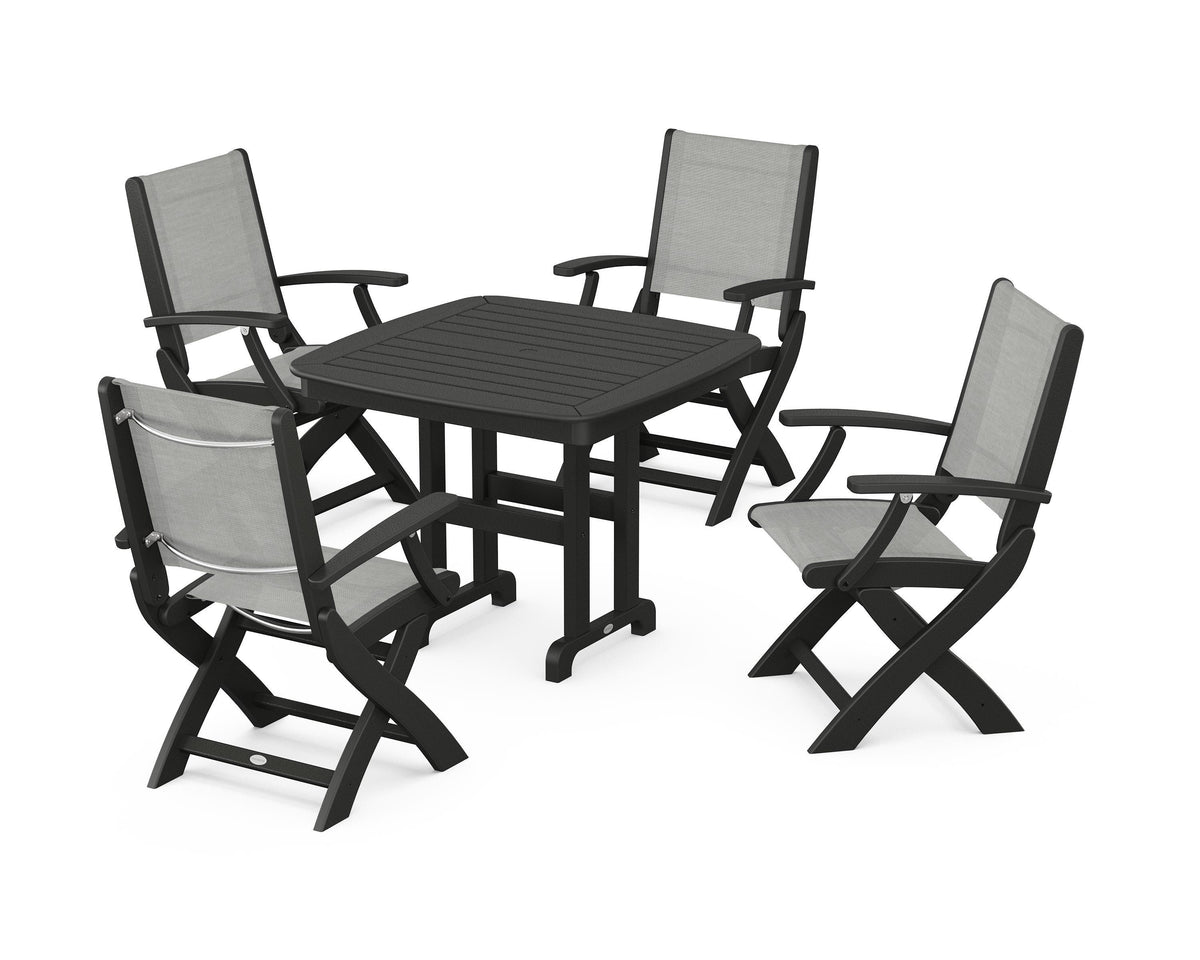 POLYWOOD Coastal Folding Chair 5-Piece Dining Set with Nautical 37" Dining Table in Black / Metallic